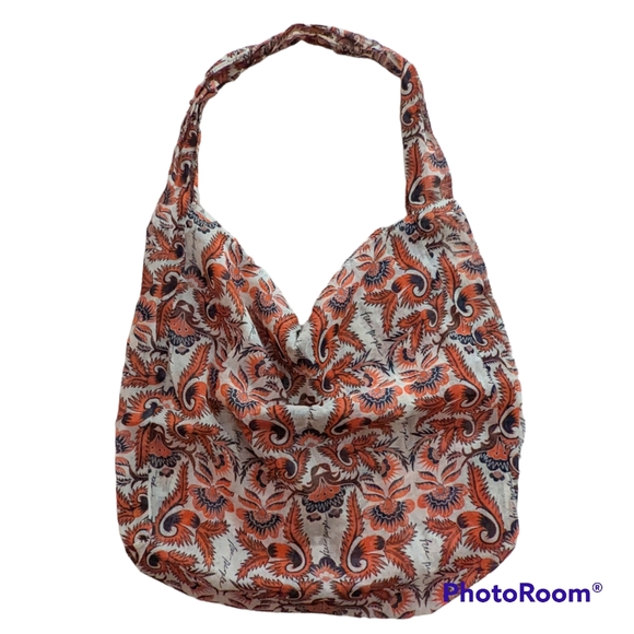 Free People Boho Tote Bag Large Orange Flower Leaf Print Shoppers 19 x 16 x 5 - Picture 4 of 14